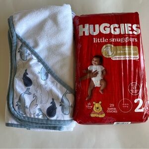 Bundle of Huggies Diapers and Baby Bath Towels